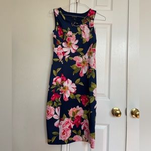 Navy dress with bright pink florals, sleveless